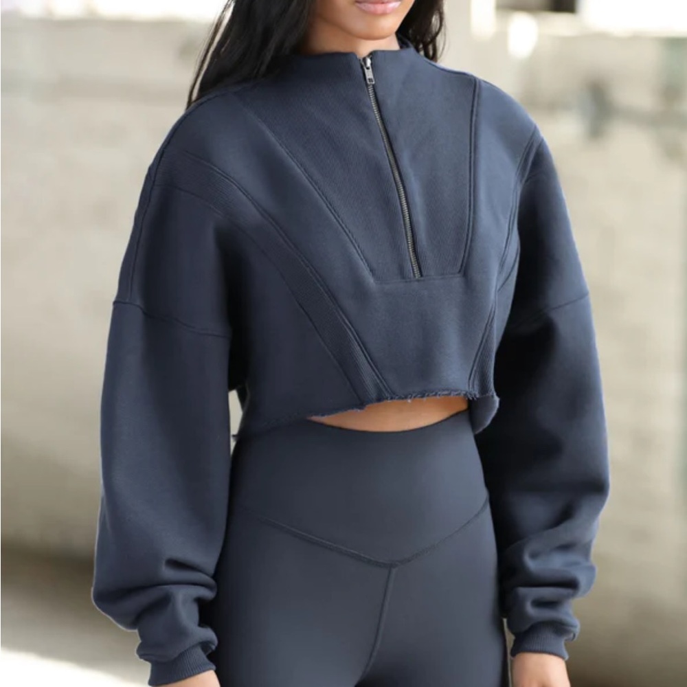 Joah Brown HALF ZIP CROP PULLOVER S/M Washed Navy French Terry